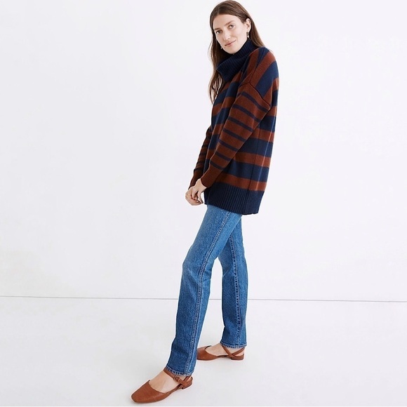 Madewell Engelhart Striped Turtleneck Wool Cotton Blend Sweater Brown Navy XS - Picture 4 of 13